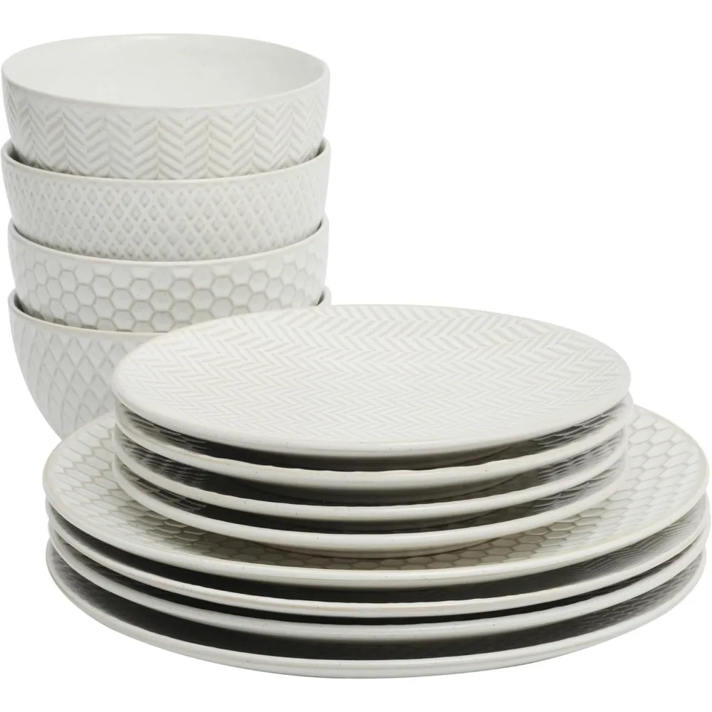 

Gibson Elite Oyster Tide 12-Piece Embossed Dinnerware Set with Reactive Glaze, Round Stoneware Ceramic Plates and Bowls for 4