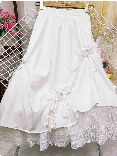 Tamanho grande doce menina arco plissado gaze emenda saias primavera verão cintura elástica médio longo doce renda a linha saia coreana