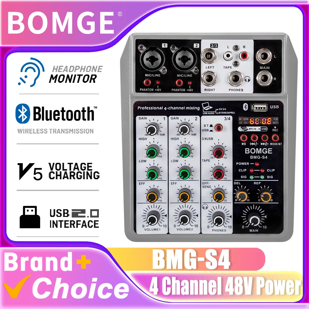 جهاز مزج الصوت الاحترافي ذو 4 قنوات من BOMGE S4، وحدة تحكم خلط لوحة الصوت الرقمية المحمولة مع USB Bluetooth 48V Phantom Power #1