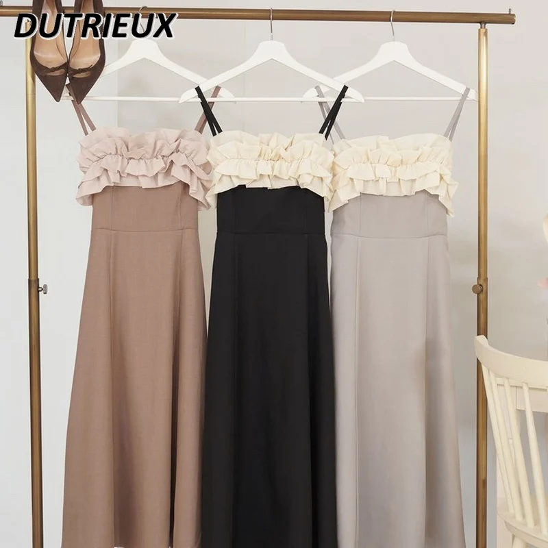 

Autumn and Winter New Products Celebrity Ruffle Edge Suspender Dress Sweet Girls Slim High Waist Long Sleeveless Dresses