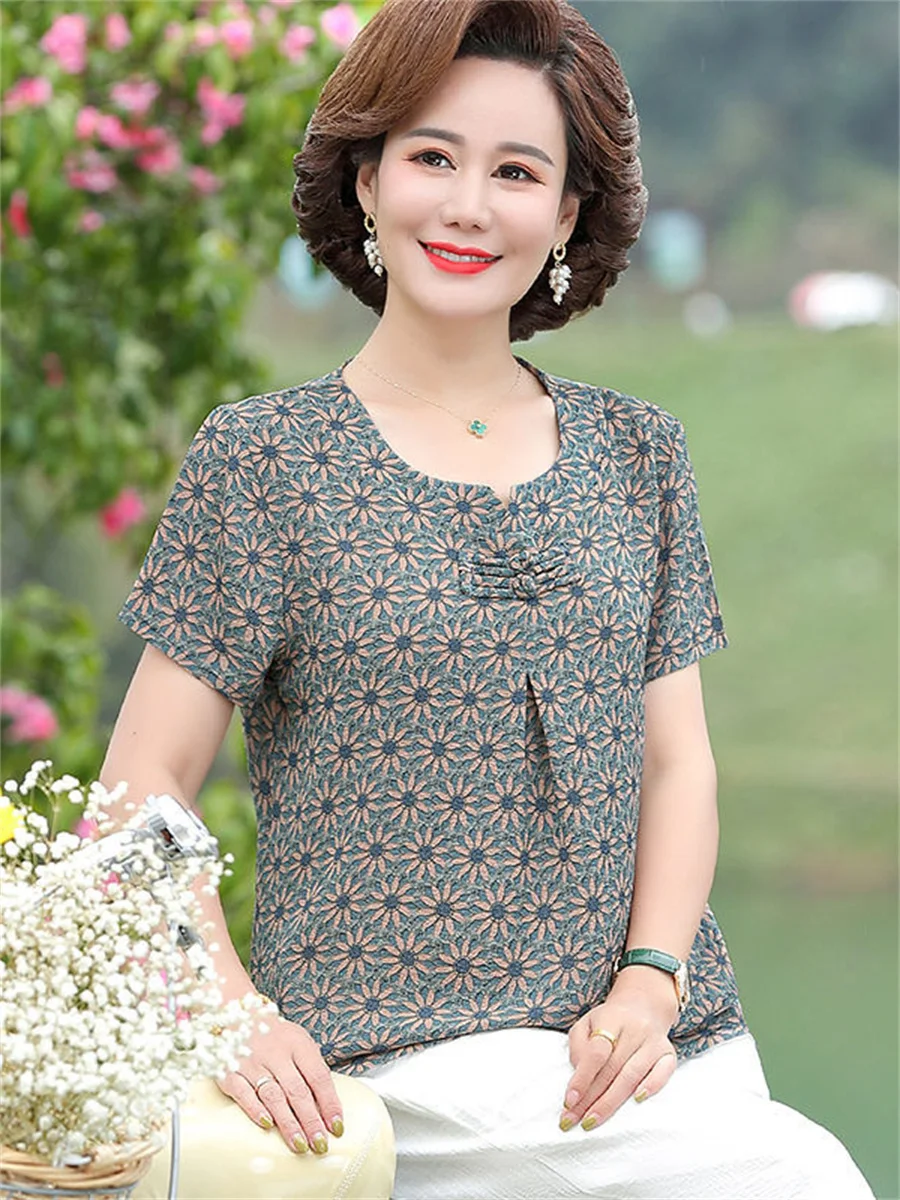 5XL Women Spring Summer Blouses Shirts Lady Fashion Casual Short Sleeve O-Neck Flower Printing Blusas Tops TT2120