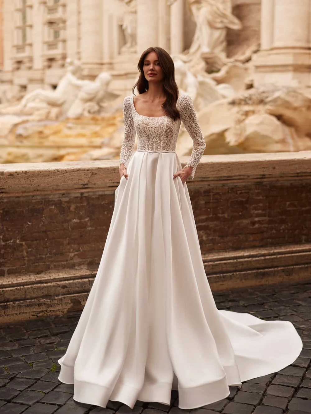 Vinca ensolarado personalizado vintage manga longa noiva robe a linha cetim renda vestido de casamento encantador pérolas vestido de noiva robe de mariée