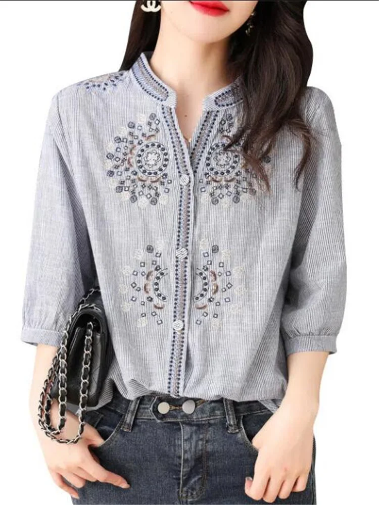 Cotton Embroidery Shirt Women\'s Blouses Three quarter Sleeve Fashion Versatile Loose Top Summer OL Femme Blusas O-neck Shirt