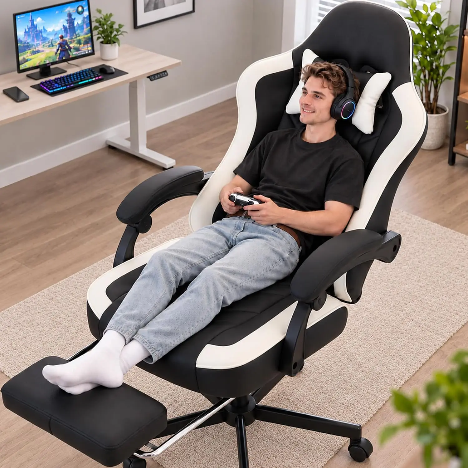 Office Desk Computer Gaming Chair for Adults, Ergonomic High Back Gamer Chair with Massage and Pocket Spring Cushion, Swivel Comfy Video Game Chairs with Footrest and Lumbar Support (Black White)