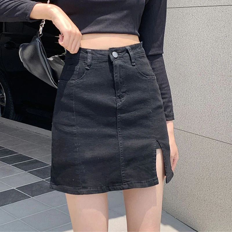 Package hip a word short denim bustier bullet force ins tide anti-glare design sense open high waist black pants skirt female