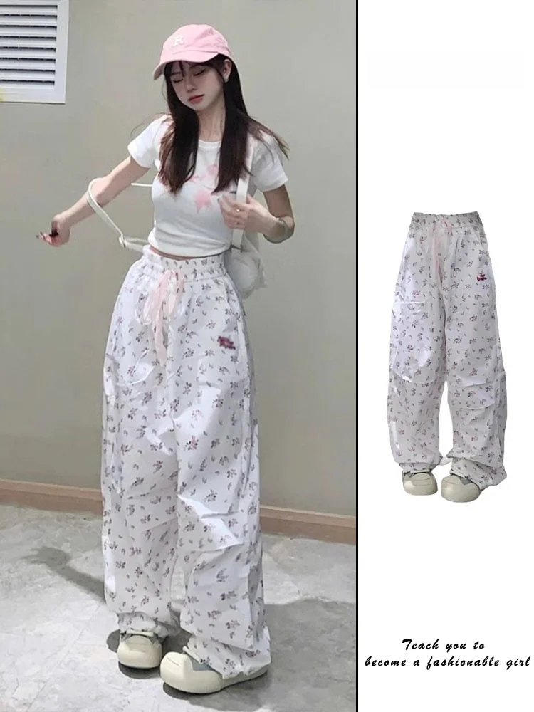 Witte bloemenprint losse wijde pijpen casual broek dames lente zomer nieuwe Amerikaanse hoge taille losse rechte broek