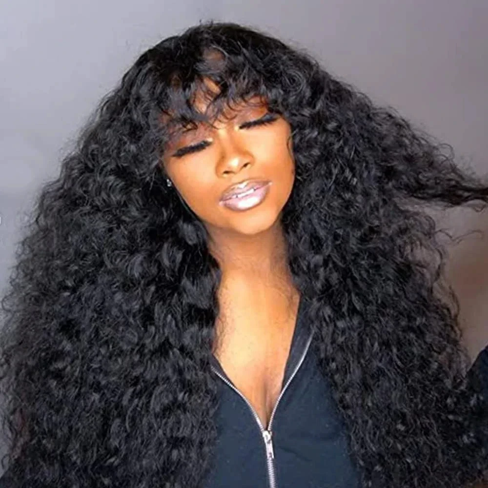 

100 Humain Hair Water Wave Human Hair Wigs with Bangs All Machine Made 100% Human Brazilian Water Curly Hair Wigs with Bangs