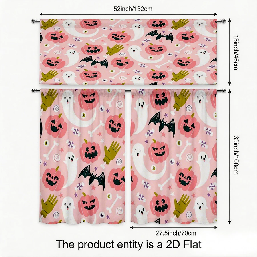 Halloween Fall Kitchen Curtains, Pink Pumpkin Ghost Bat, Digital Print, Kitchen Dining Room, Rod Pocket Polyester, Home Decor