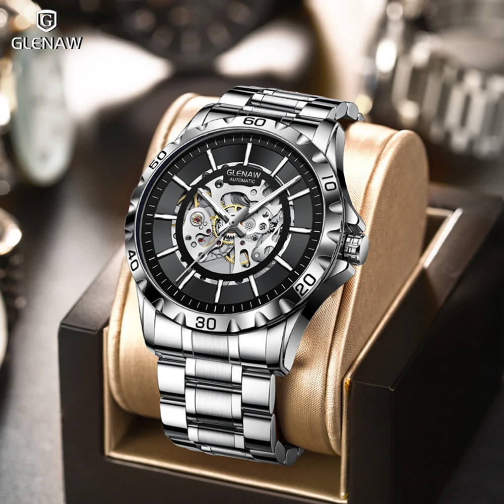 GLENAW-Relógio Automático Mecânico Impermeável Masculino, Relógios de Moda de Luxo para Homens