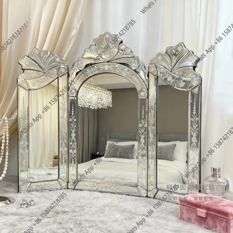 

Винтажное резное складное зеркало-трифолд для спальни, туалетного столика, венецианское зеркало для макияжа, домашнее зеркало для туалетного столика