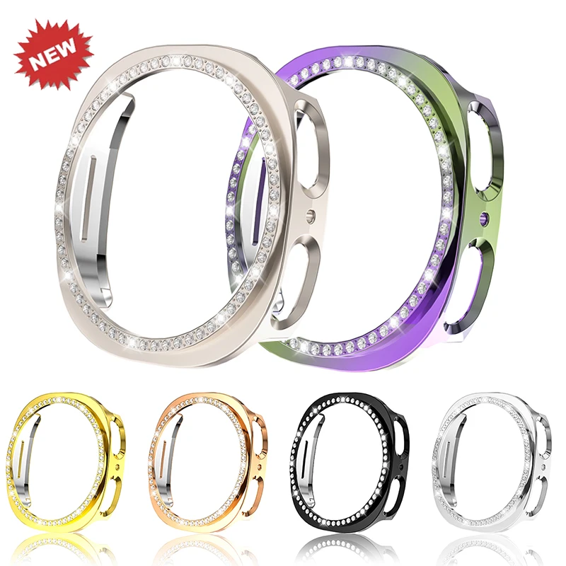Capa Brilhante Oca para Samsung Galaxy Watch 8 44 40mm Capa Dura de PC com Diamante para Galaxy Watch 8 Acessórios de Capa Protetora Oca