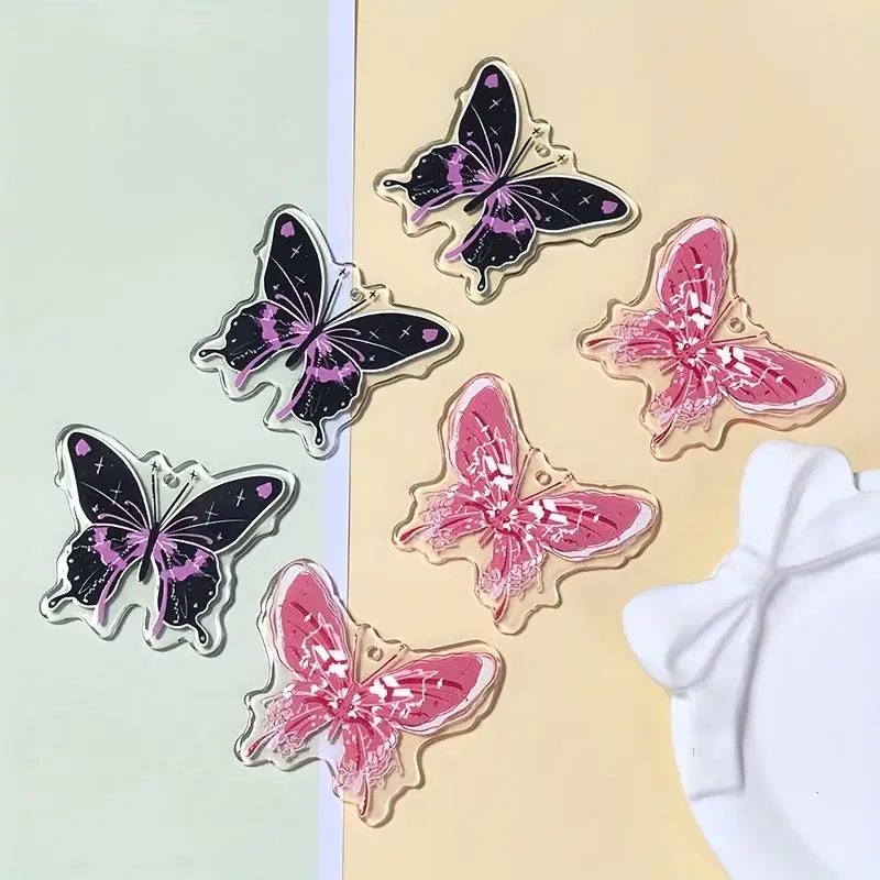 A Pack of 6 Large Gothic Black and Pink Butterfly Pendants, DIY Acrylic Earrings and Keychain Decorations.
