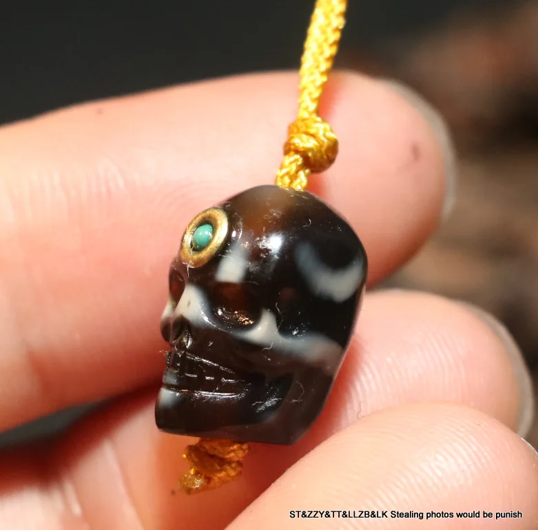 Treasure Magic LKbrother Energy Tibetan old Agate skull Carving dZi Bead Pendant Amulet Talisman