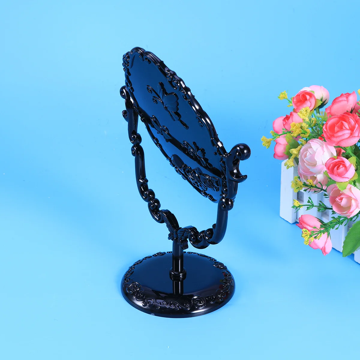 Espelho de mesa giratório vintage em relevo rosa, espelho de maquiagem de alta definição, base antiderrapante para vestir e barbear