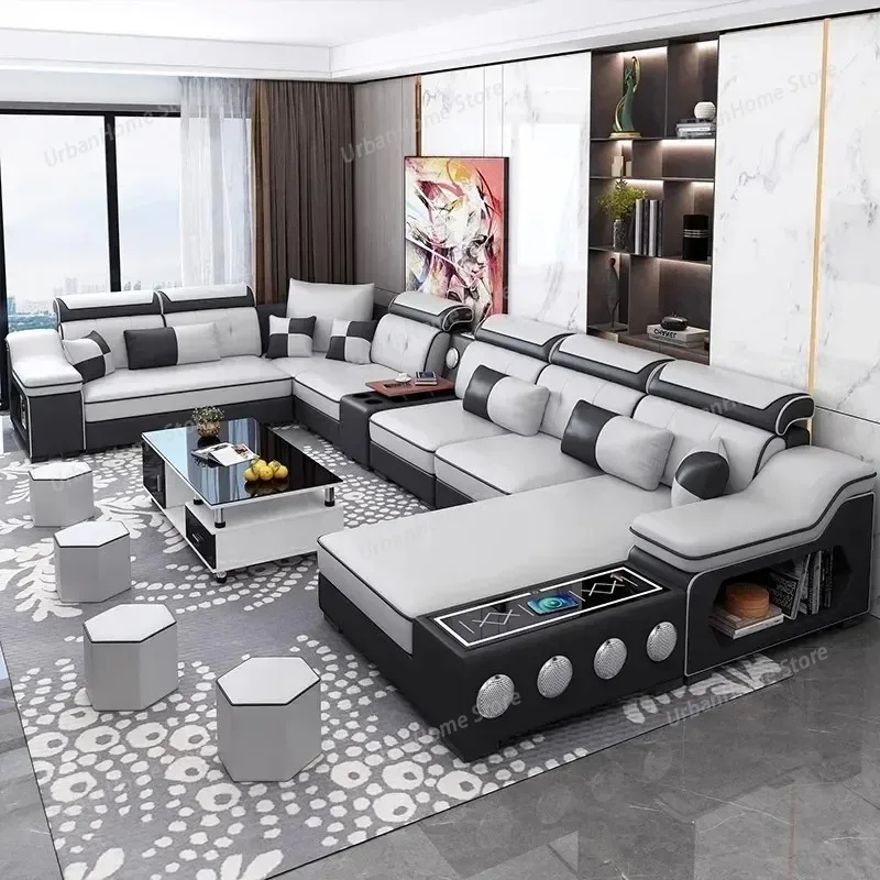 Modern Scientific Cloth Sectional Sofa Set with Chaise Lounge, Bluetooth Speakers, USB Charging Ports for Living Room