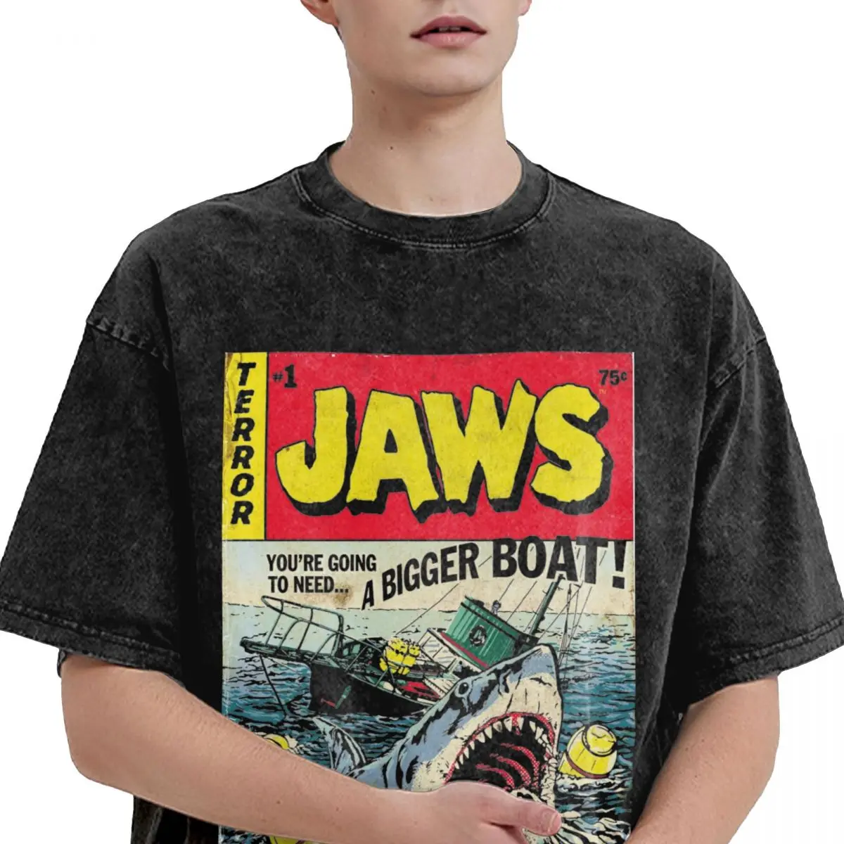 Washed T Shirts Jaws Edition Comic Book Cover Hip Hop T-Shirts Oversize Streetwear Cotton Summer Tops Tee Shirt Men Women