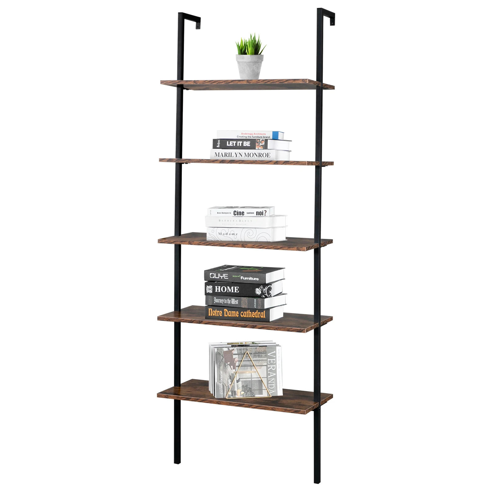 Industriële Wandgemonteerde Boekenkast 5-Tier Open Ladderplank Boekenplank Met Metalen Frame, 23.6 "L X 11.8" Wx 70.9 "H