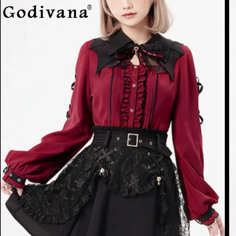 

Halloween Goth Lace Hollow Red Long Sleeve Bottoming Shirt 2025 New Chic Lace-up Ruffles Versatile Age-reducing Temperament Top