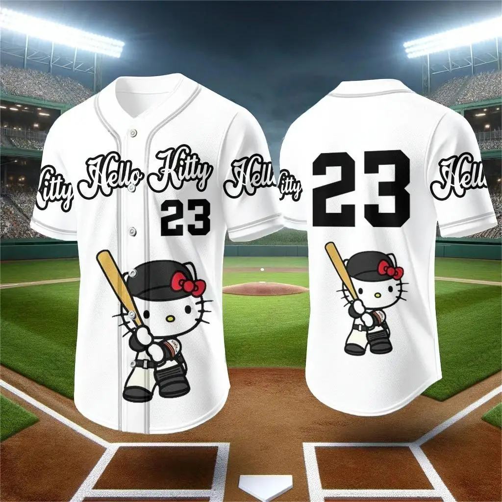 Miniso 2024 New Cute Hello Kitty Baseball T-Shirt Printed Children Adult Fashion Cartoon Button Baseball Uniform Children\'s Tops