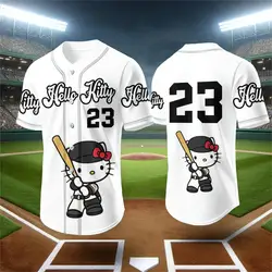 Miniso 2024 New Cute Hello Kitty Baseball T-Shirt Printed Children Adult Fashion Cartoon Button Baseball Uniform Children's Tops