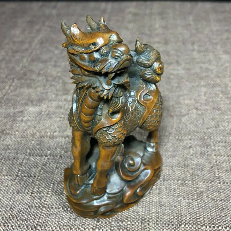 Old Collectible Boxwood Auspicious Beast Fire Kylin Chinese Wood Ornament Statue