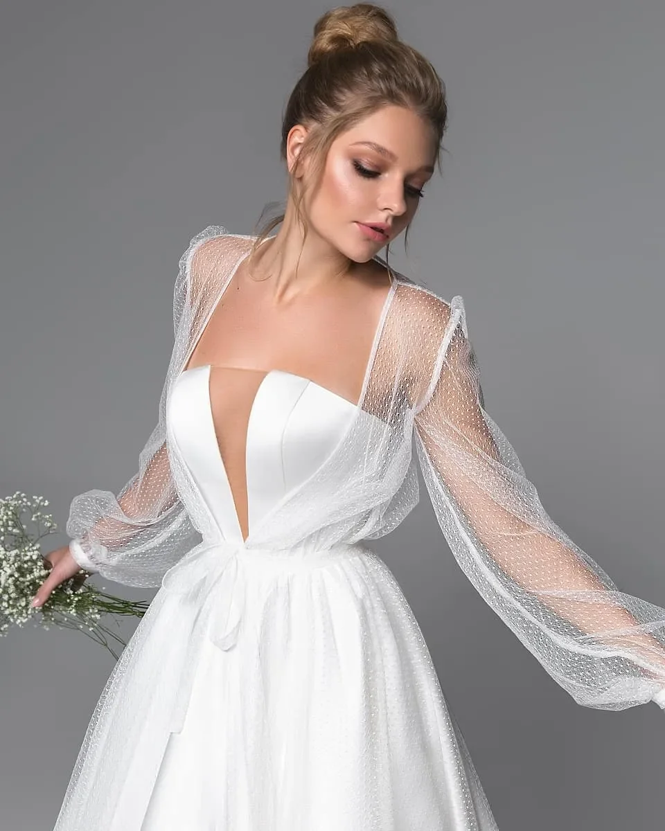 Amazing A Line Satin Wedding Dresses With Long Sleeves Jacket Sheer Plunging Neck Bridal Gowns Sweep Train robe de mariée