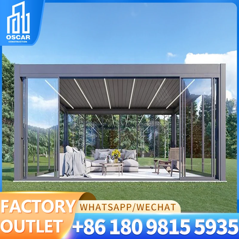 Aluminum Waterproof Sunshade Pergola Canopy Restaurant Balcony Retractable Awning LED Light Customized PVC Awnings