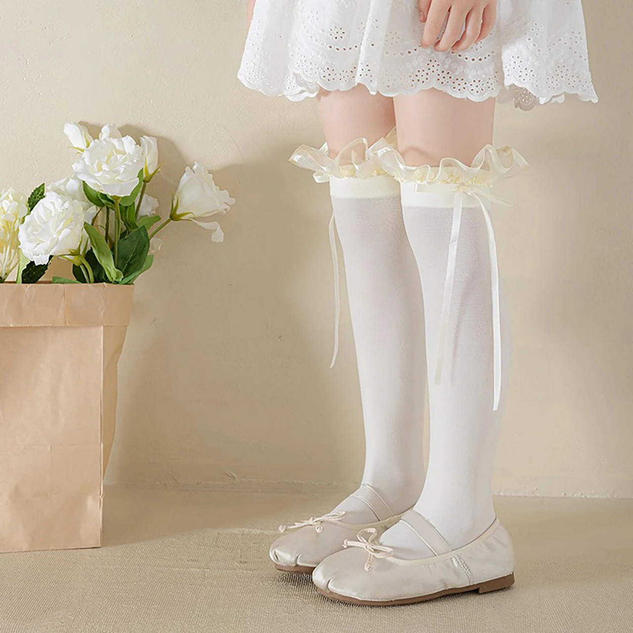 Princess Girls Knee High Socks Summer Silk Long Tube Sock Sweet Ballet Lace Bow Stockings for Boots Decoration Lolita Kids Socks
