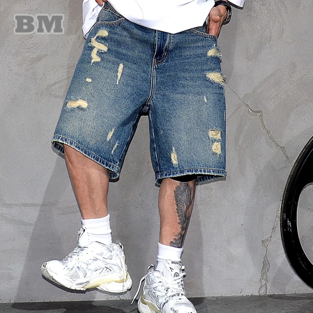 

Korean Streetwear Men Denim Shorts Hip Hop Ripped Jorts 5 Inch Inseam Loose Fit Straight Leg Distressed Summer Casual Trendy