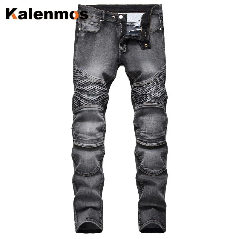 Jeans magro emendado masculino com bolsos, calça hip-hop, motociclista moto monocromático, mosca com zíper, comprimento liso do tornozelo, jeans lavado, verão, 2024