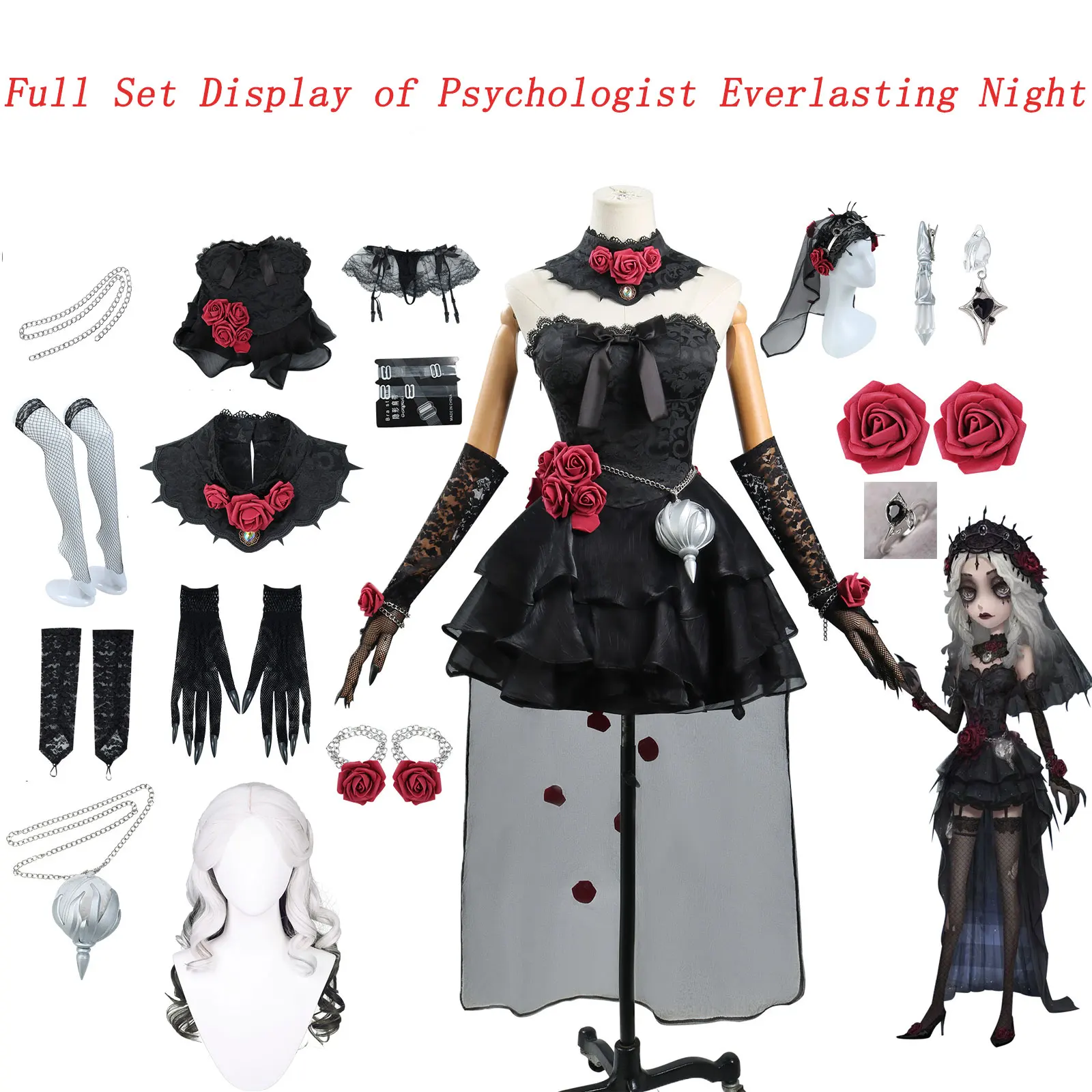 Große Größe Identity V Psychologe Everlasting Night Cosplay Komplettset Schwarzes Gothic-Kleid Rosenschleier Handschuhe Socken Halloween-Outfit