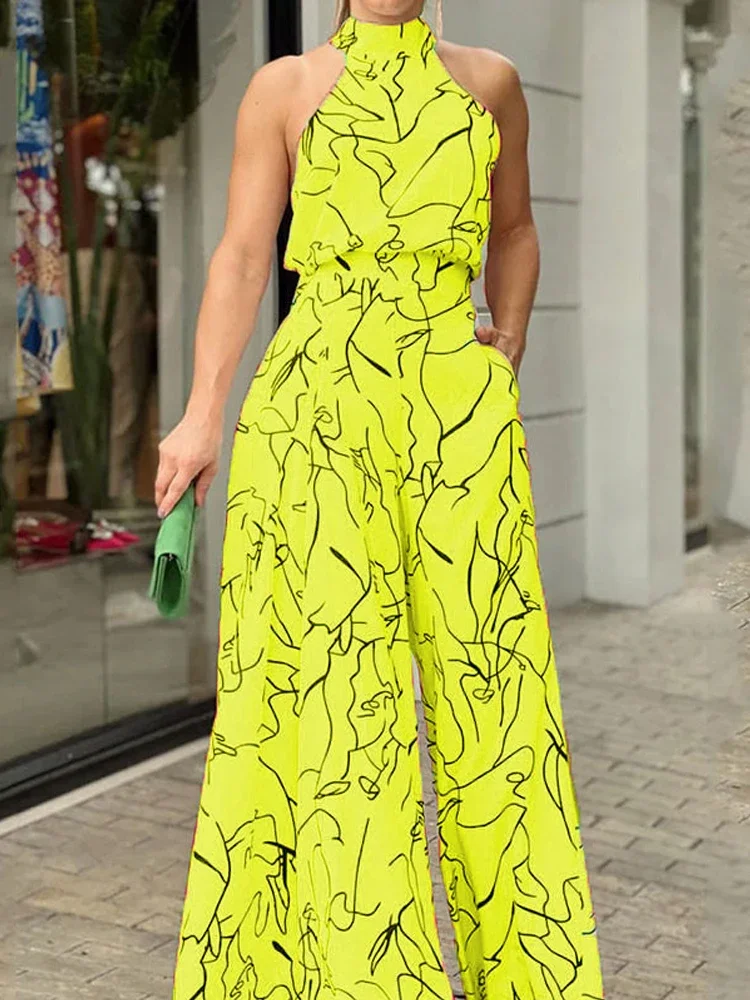 Fashion Elegant Open Back Jumpsuit Loose Casual Print Tie Up Sleeveless Wide Leg Long Pants Summer Women's Clothing