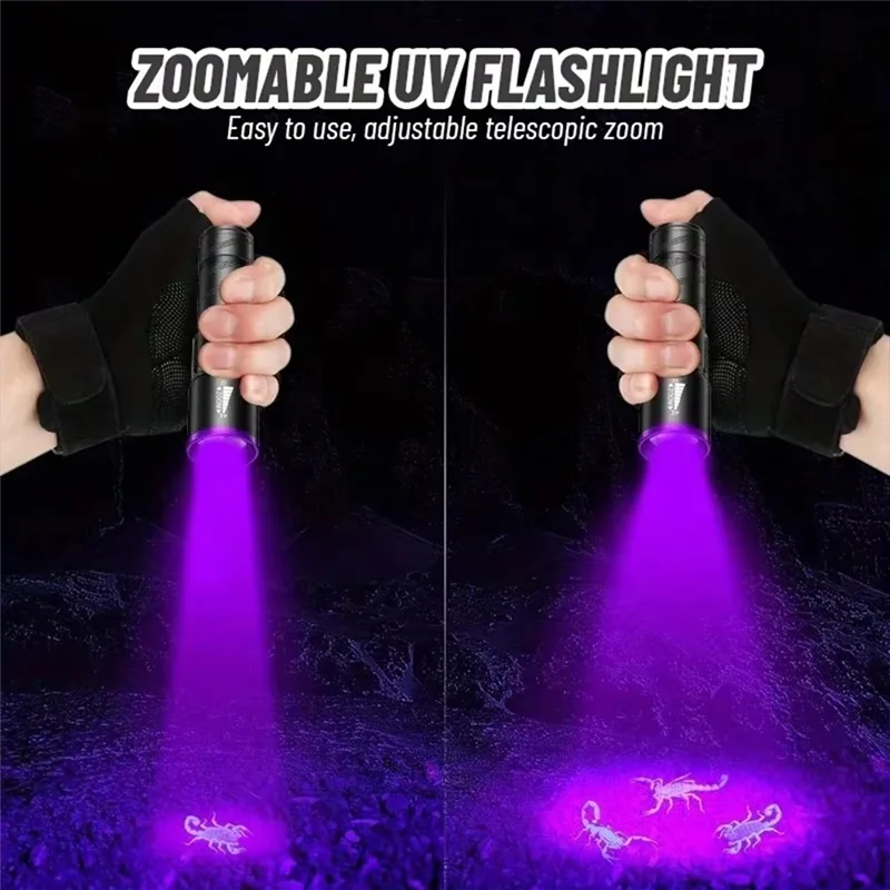 ABCA-Zoomable 395Nm UV ไฟฉาย LED USB ชาร์จไฟฉายสีดําสําหรับเล็บเจลตรวจจับปัสสาวะสัตว์เลี้ยง Reptile Tracing
