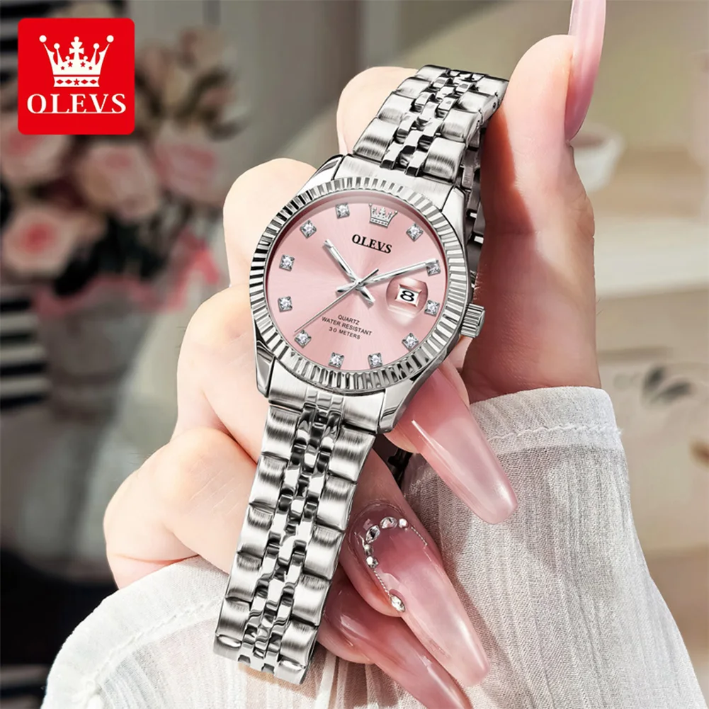 Jam Tangan Wanita OLEVS 3705 Elegan Fashion Pink Original Quartz untuk Wanita Bezel Tekstur Ulir Baja Tahan Karat Tanggal Baru