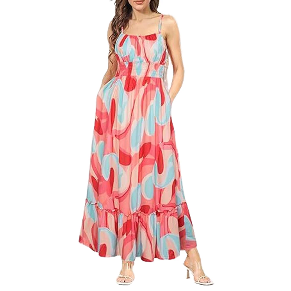 Summer Floral Printed Maxi Cami-Dress Spaghetti Straps Ruched Bodice Smocked Waist Dress Elegant Beach Boho Dress For Female