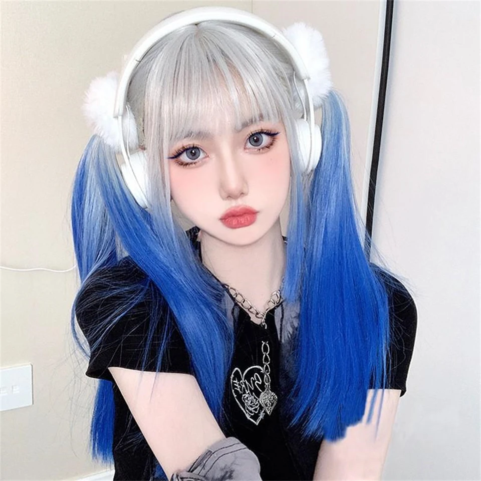 ブルーとホワイトのハイライトロングストレート合成ウィッグ前髪付きコスプレヘアウィッグ女性用デイリーナチュラル耐熱性
