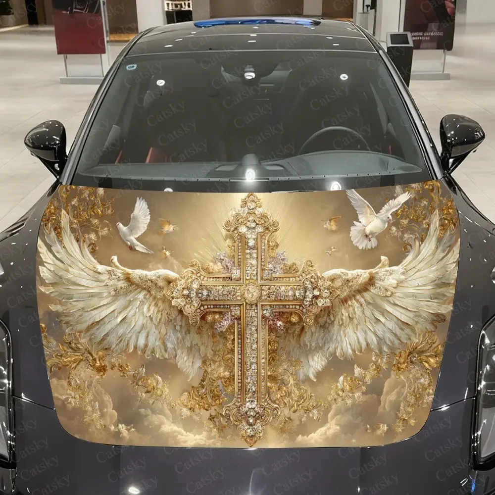 Gilded Holy Wings Sacred Cross Car Vinyl Wrap, PVC Waterproof Car Hood Sticker, Self-Adhesive Scratch-Resistant Stickers