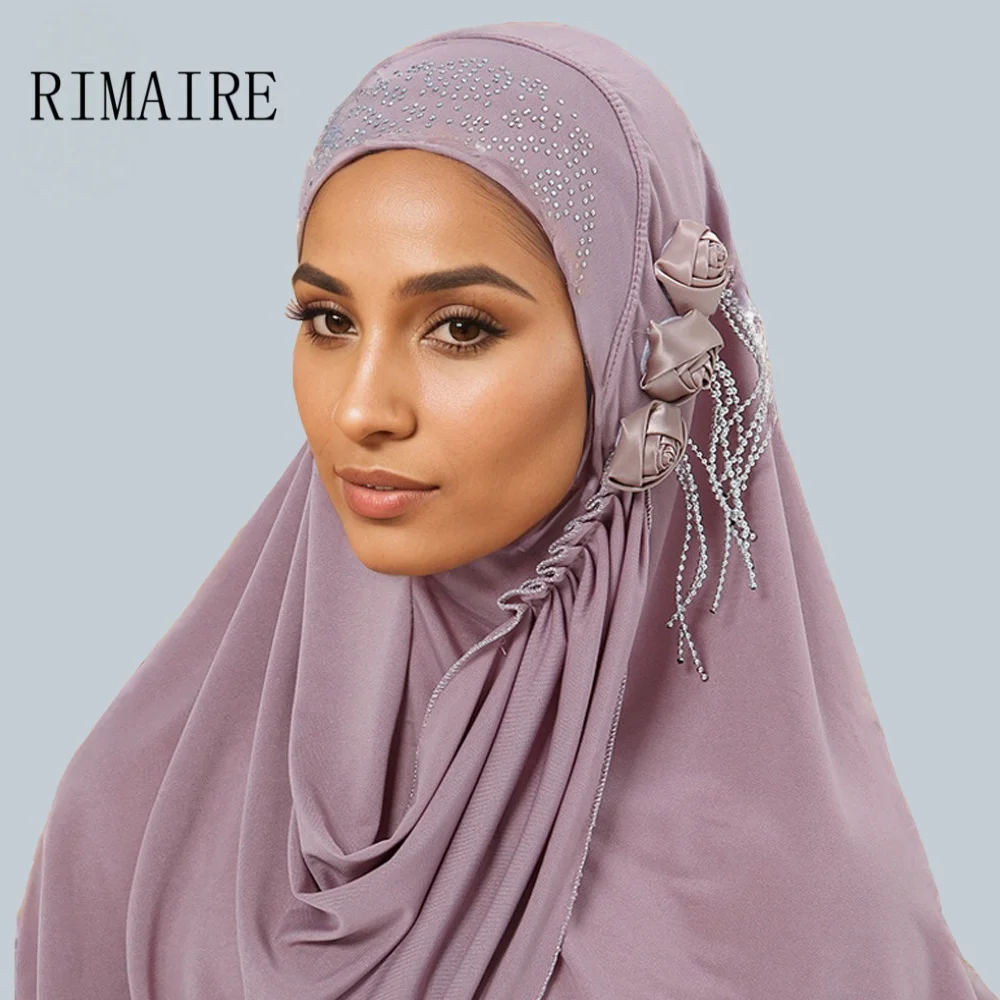 Nieuwste vrouwen Hijaabs met Diamant Bloemen Mode Instant Islamitische Moslim Tulband Hoofddoek Klassieke Dames Sjaal Cap Sjaals RIMAIRE