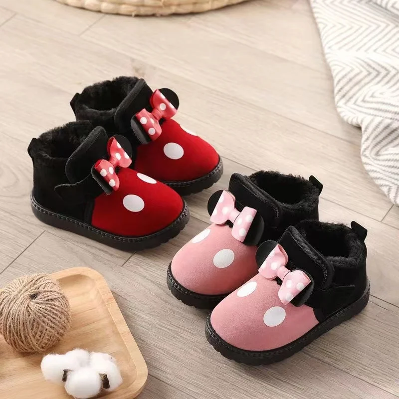 Minnie mouse Children\'s warm and thick snow boots  boys and girls\' cute bow knot winter new snow boots cotton shoes