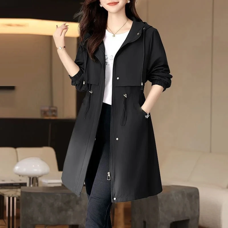 2024 Spring Autumn New Korean Trench Coat Women Fashion Slim Hooded Coats Female Windbreaker Casual Outerwear Overcoat Ladies