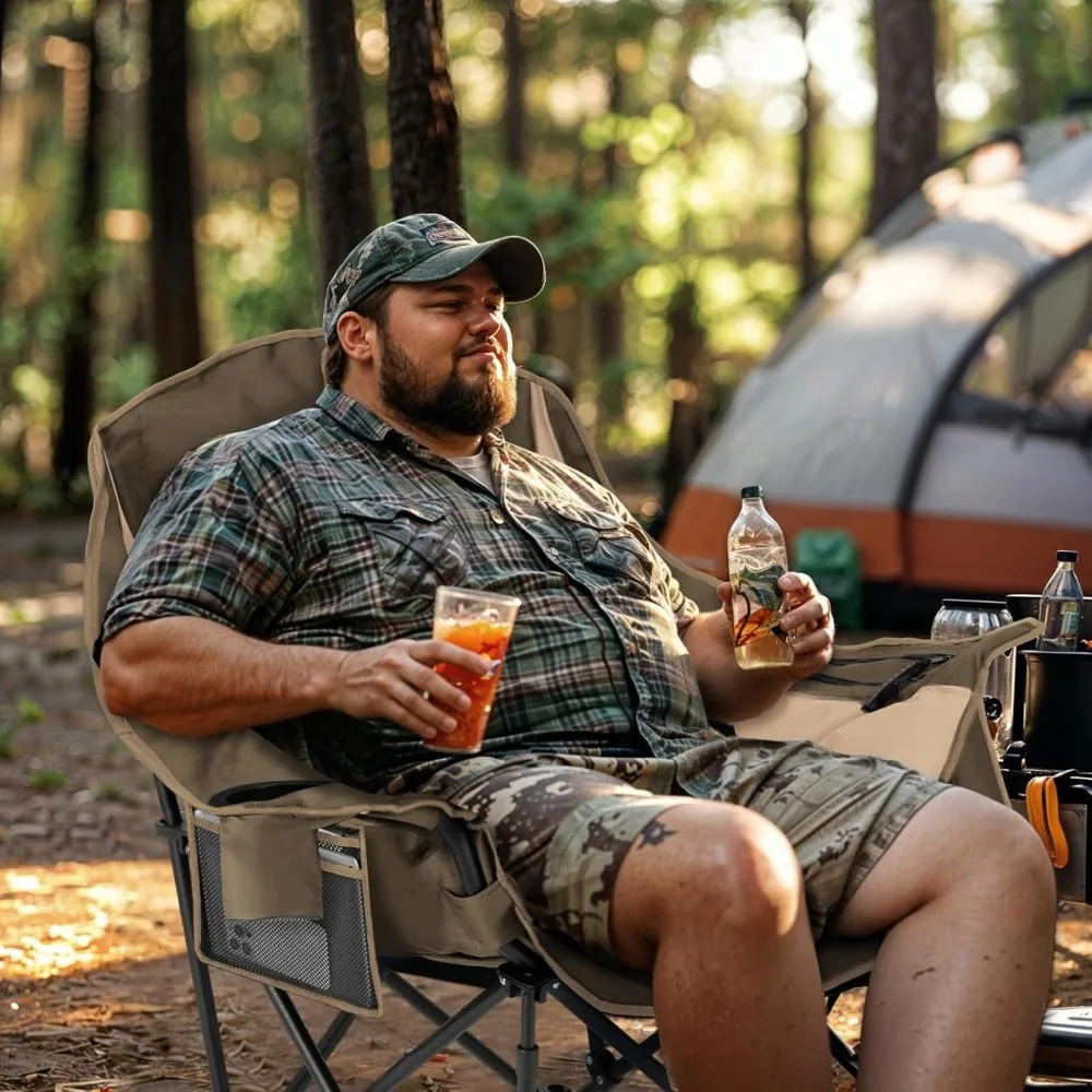 كرسي تخييم مقاس XL كبير الحجم من Overmont للبالغين - كرسي قابل للطي مبطن عالي التحمل بوزن 400 رطل مع حامل أكواب بجيب جانبي