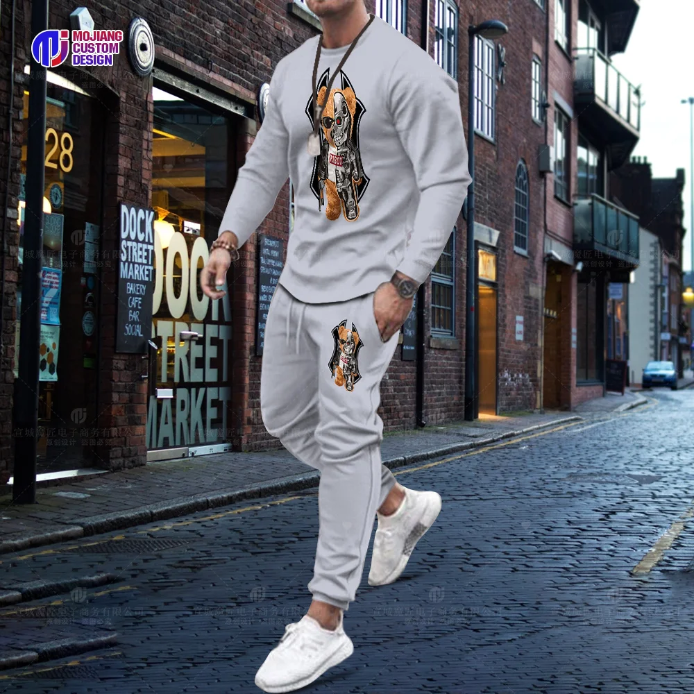 Korea 2023 Luxury Brand Shirt Long Suit Men\'s Oversized Sportswear Fashion Street Bear Pattern Long-Sleeved T-shirt Trouser Suit