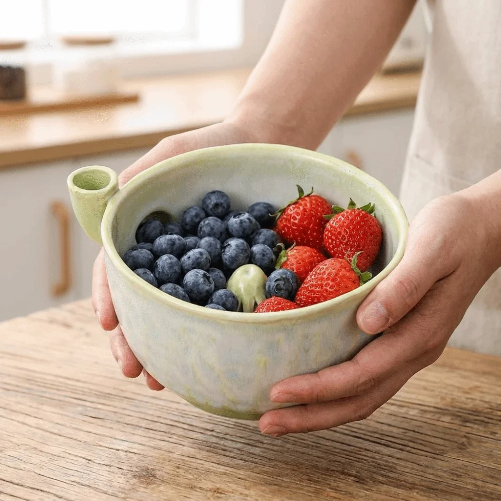 Self-spinning Fruit Washing Bowl Large Capacity Easy To Clean Ceramic Berry Washer Quick Drain Integrated Drainage Hole