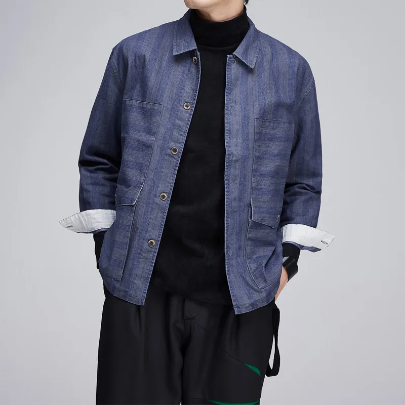 Retro Japanese Loose and Handsome Striped Men's Jacket Spring and Autumn New Simple and Versatile Casual Tone Workwear Jacket