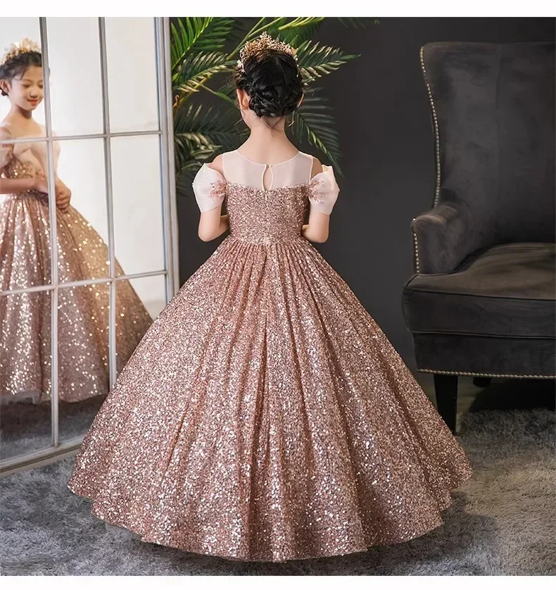 2025 Bambine di lusso fantasia principessa abito lungo con paillettes abiti da festa da sera bambini performance di pianoforte temperamento bambini