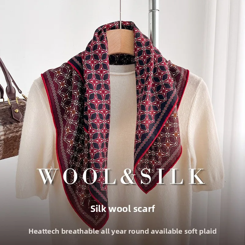 Women Retro Ethnic Tile Pattern Square Scarf 65*65 CM 30% MULBERRY SILK 70% WOOL Soft Neck Scarf Multipurpose Wrap for Gift