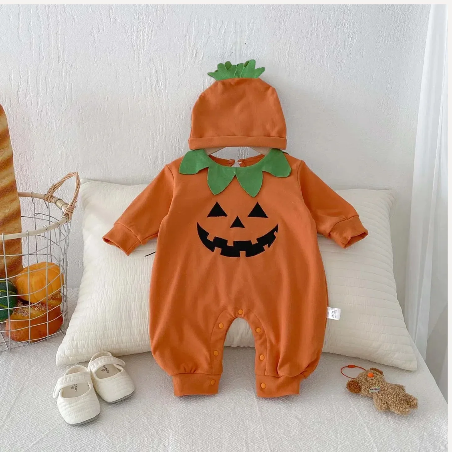 2026 New Halloween Costume Cute Pumpkin Face! Baby Boy Pumpkin Long Sleeve Jumpsuit with Hat, Funny Pumpkin Face and Cap Hat