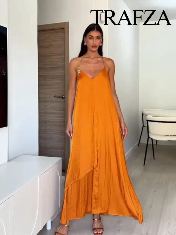 

HH Women's Fashion Dresses Orange V-Neck Sleeveless Backless Flower Decoration Female Summer Holiday Style Long Dress