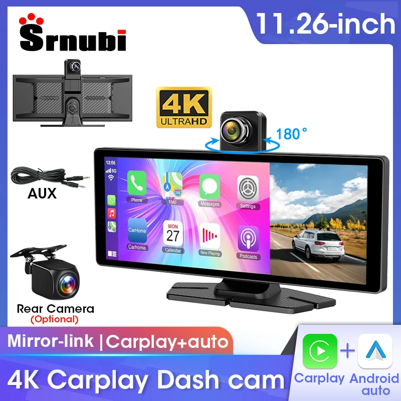 Srnubi 11,26 "cámara de salpicadero para coche DVR 4K cámara Carplay Android grabadora de vídeo automática tablero Control de voz Mirror-Link AUX FM para coche