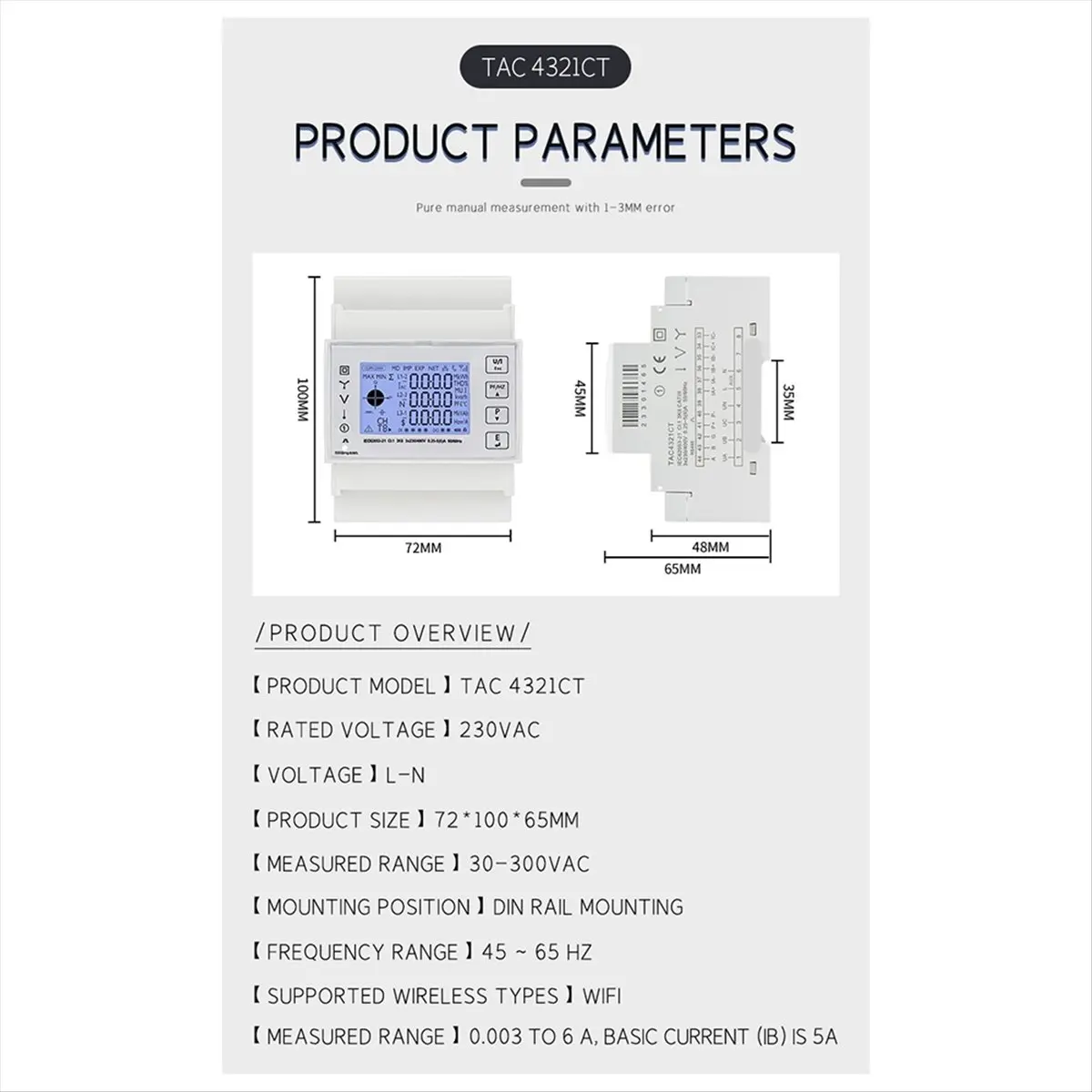 Winter Essential TAC4321CT Three Phase Din Rail WiFi Tuya Mutil-Function Meter with KCT16 Current Transformer 230/400VAC